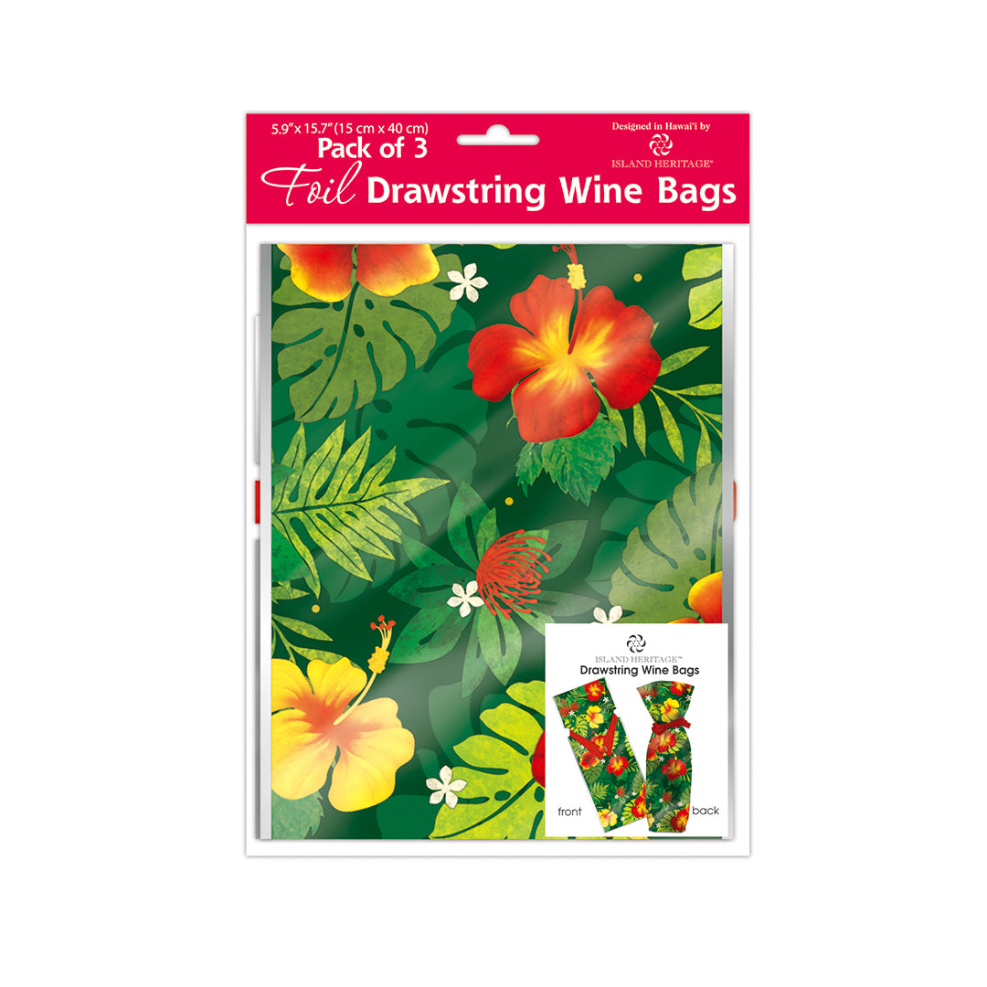 Foil Drawstring Wine Gift Bags 3 Pack, Floral Monstera