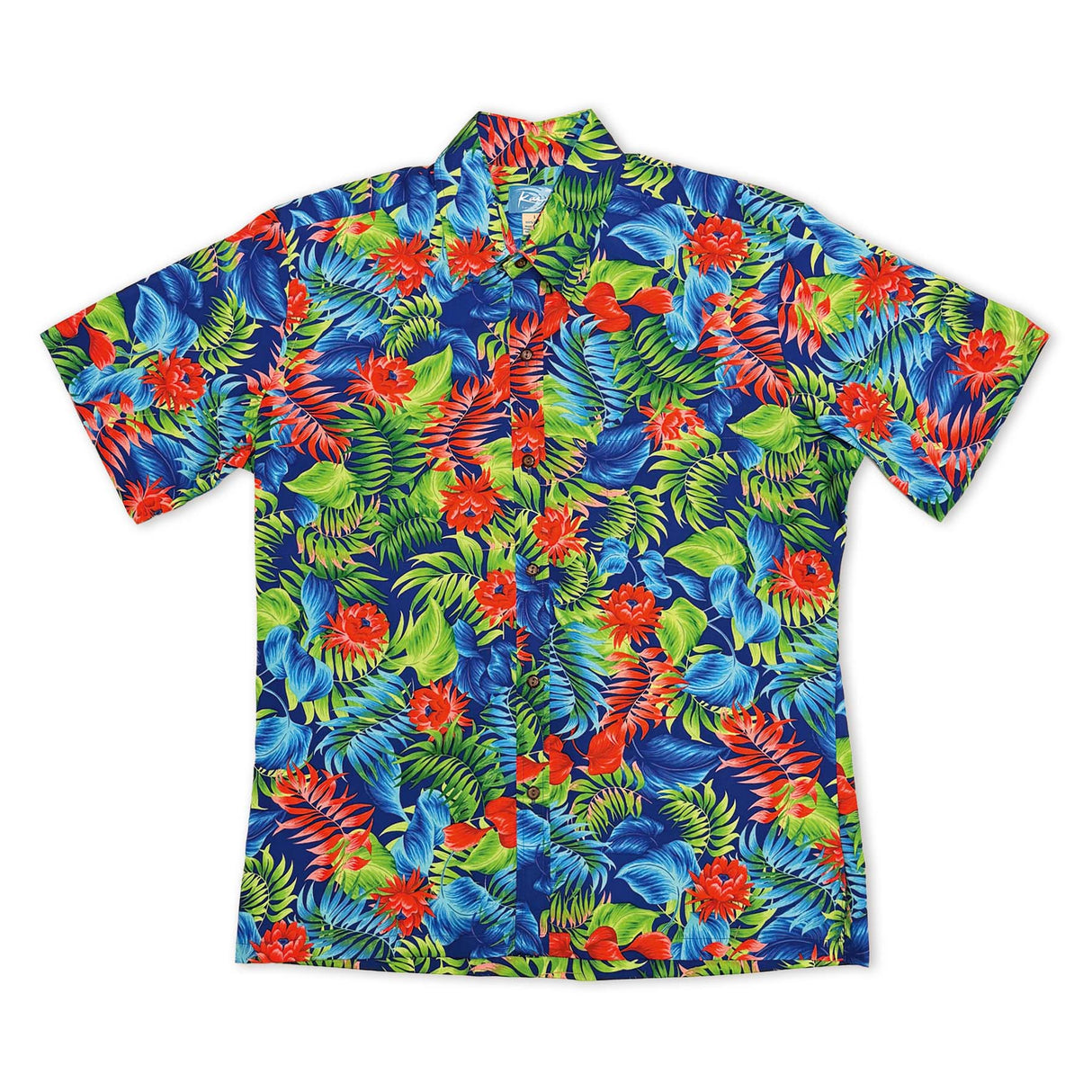 Tropical Blossom Leaves Royal Blue Men's Aloha Shirt