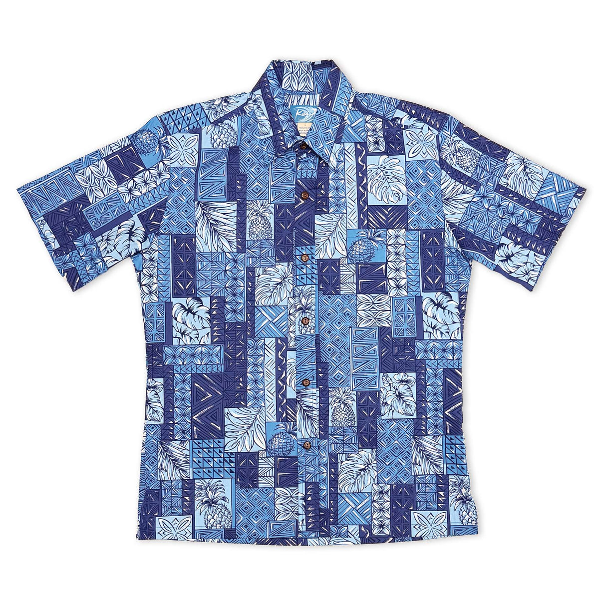 Pineapple Leaves Tapa Block Blue Men's Aloha Shirt