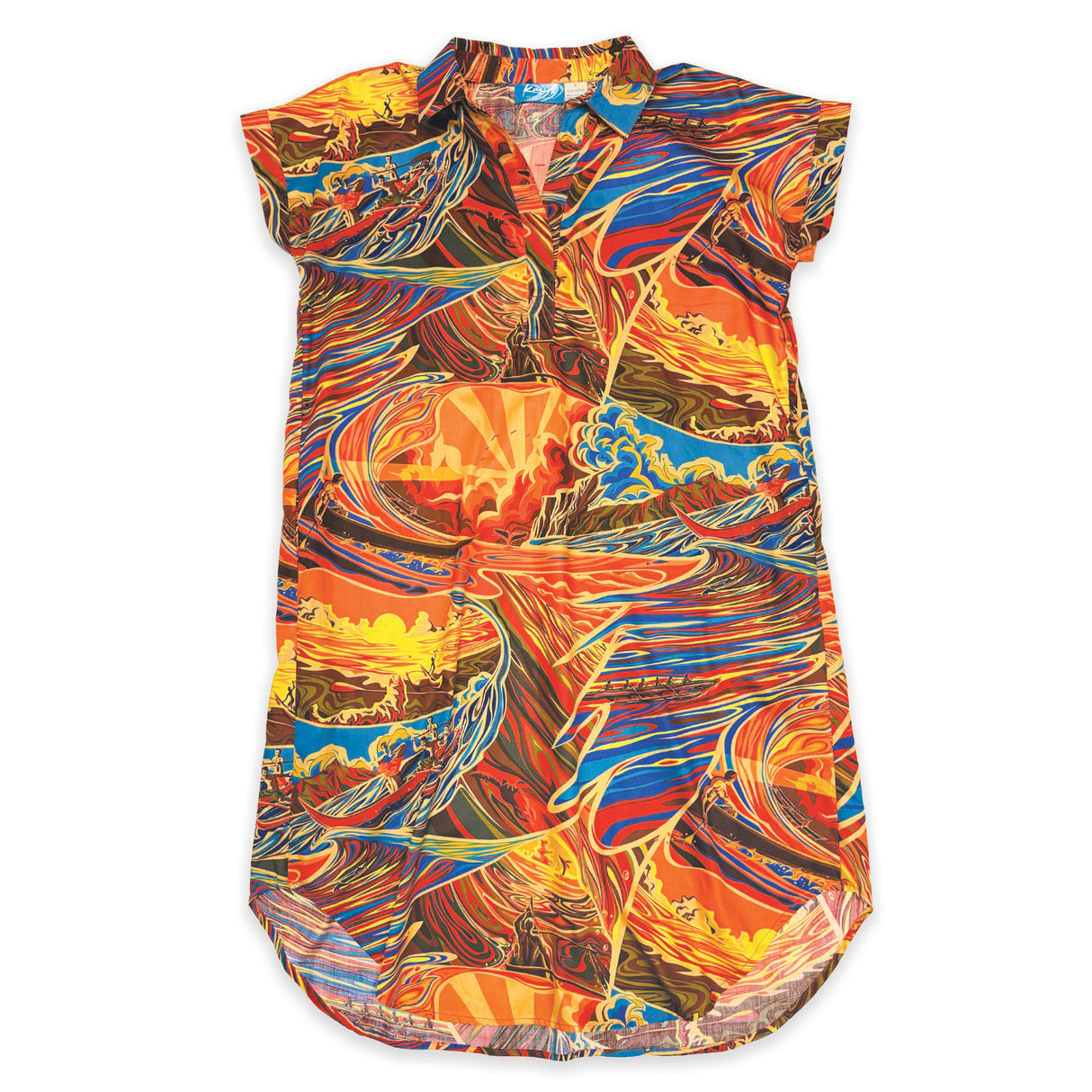Hypnotic Waves Fiery Sunset Women’s Collared Short Sleeve Dress