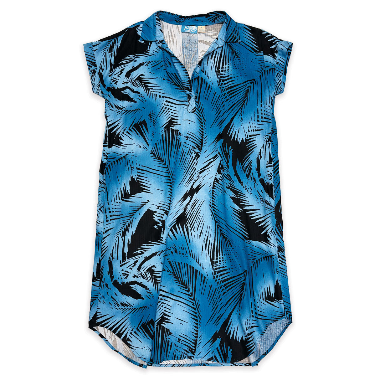 Palm Leaf Black Blue Womens Collared Short Sleeve Dress