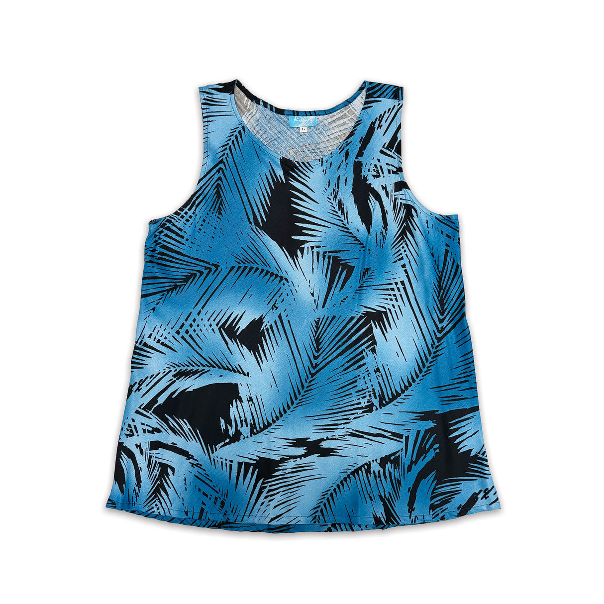 Palm Leaf Black Blue Womens Flyaway Sleeveless Blouse