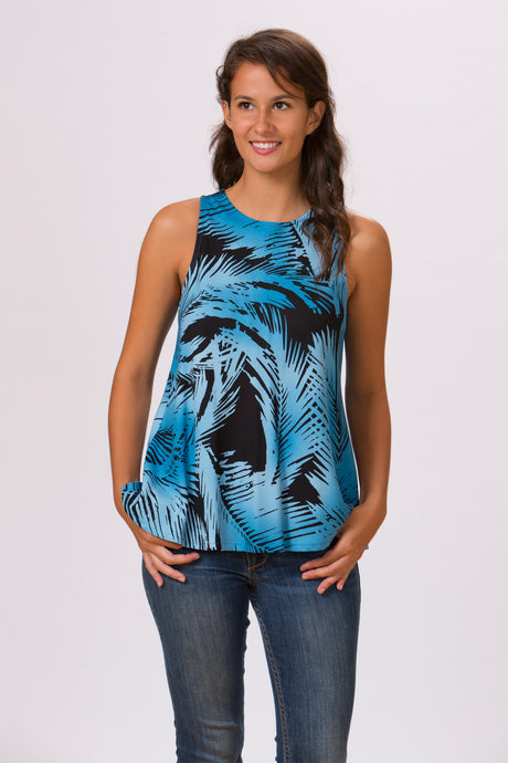 Palm Leaf Black Blue Womens Flyaway Sleeveless Blouse