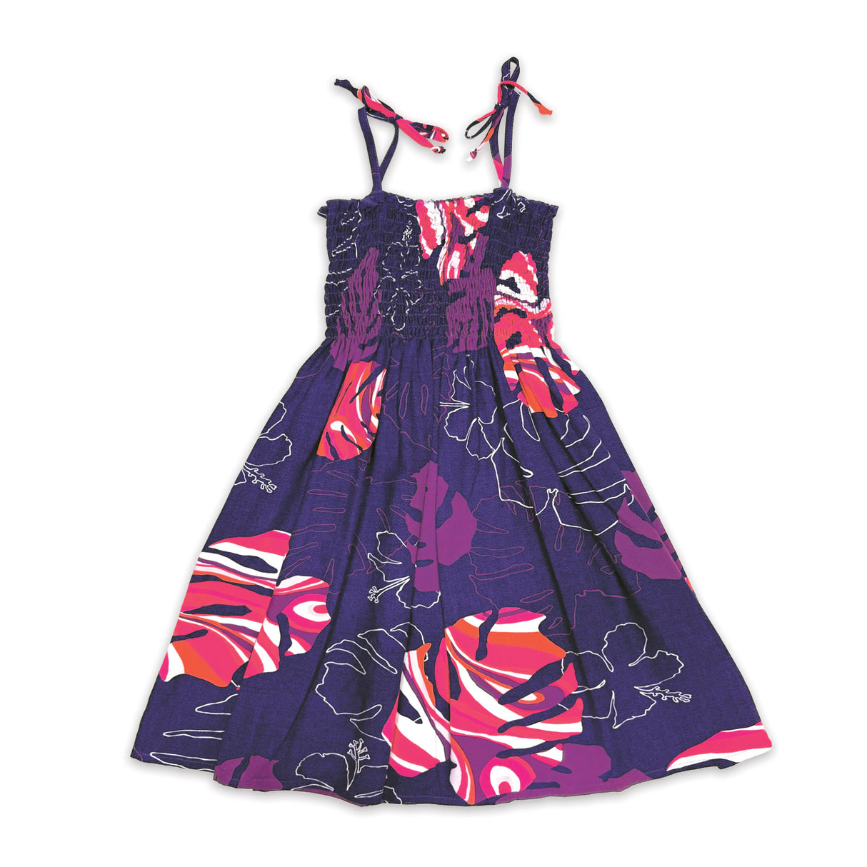 Monstera Waves II Plum Girls Babydoll Tie Strap Dress