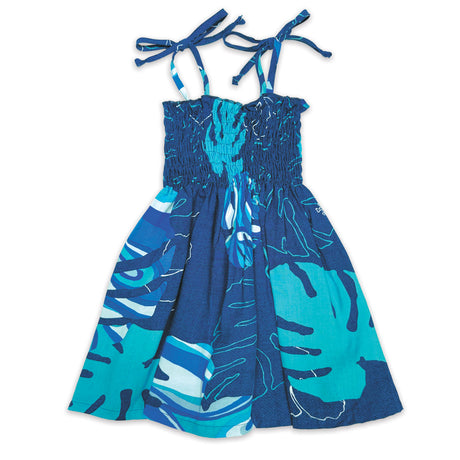 Blue and green patterned dress with tie straps on a white background