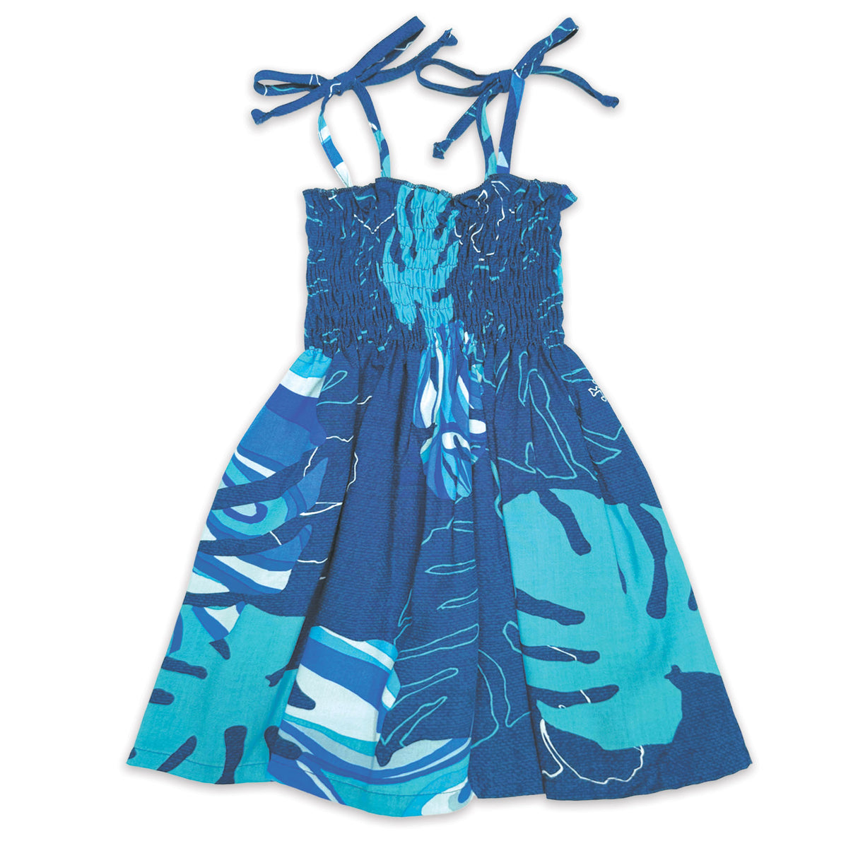 Monstera Waves II Blueberry Girls Babydoll Tie Strap Dress