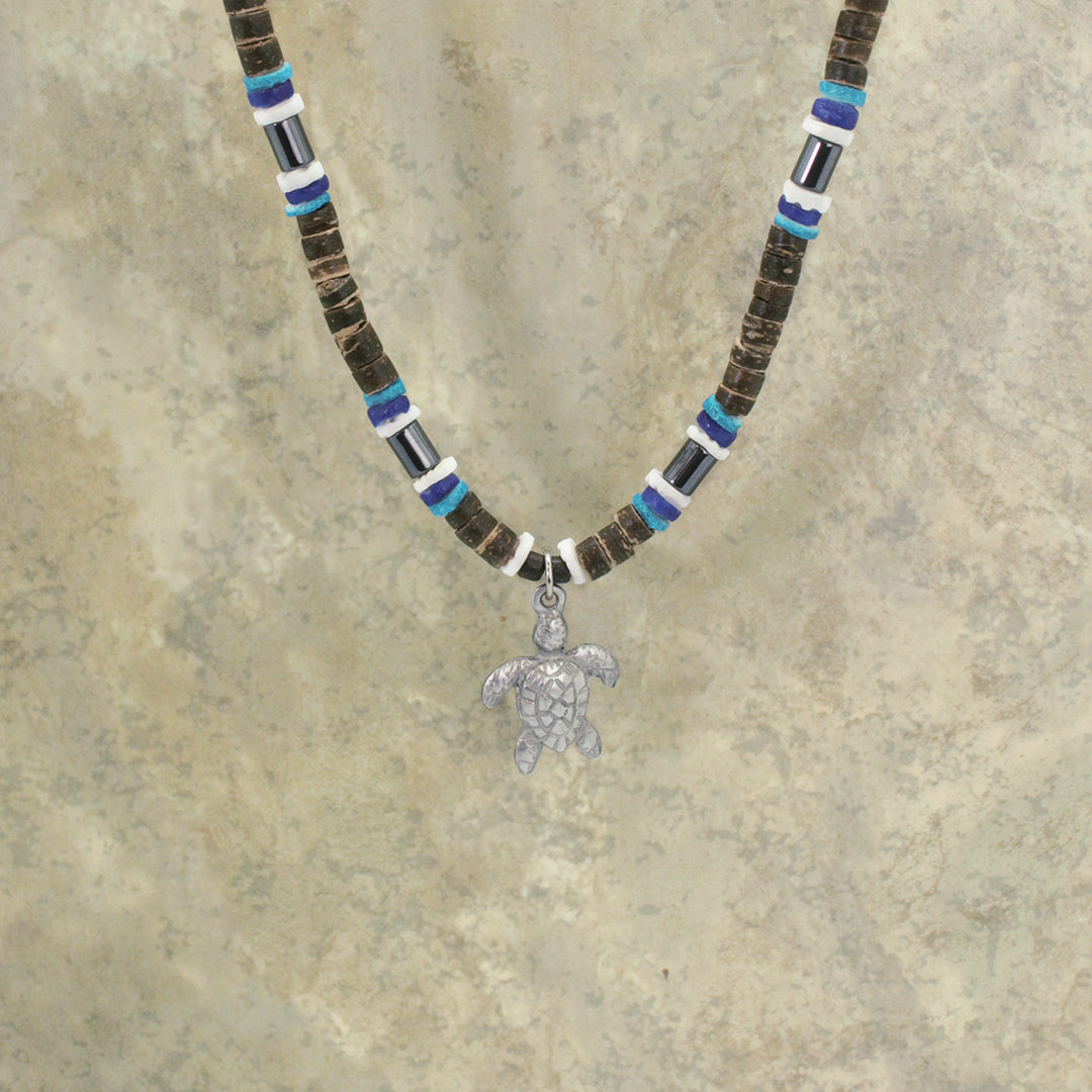 Pewter Turtle with Shell Beaded Necklace