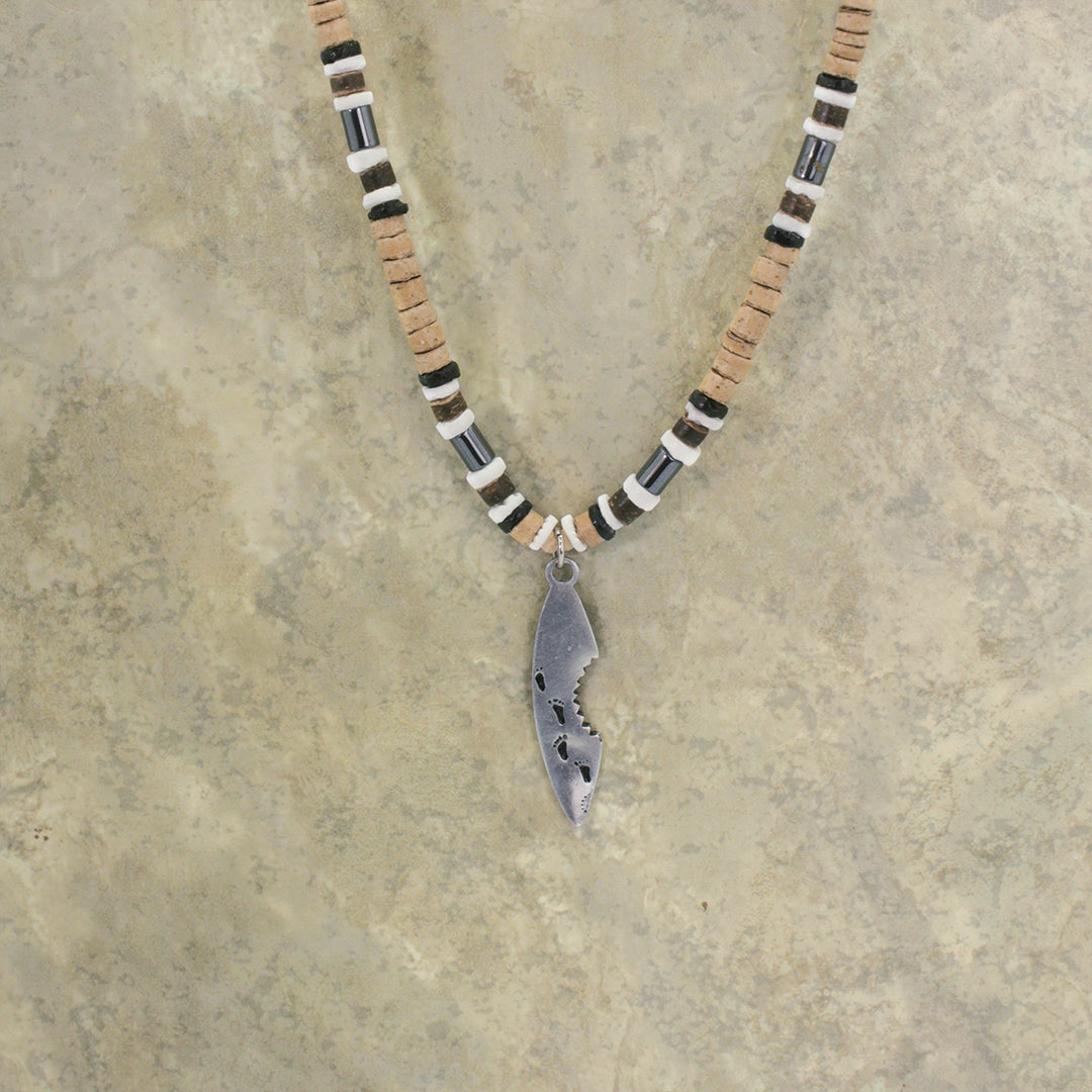 Pewter Footprints Surfboard Shell Necklace