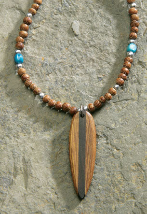 Wood Beaded Cord, Carving - Surfboard with Stripe