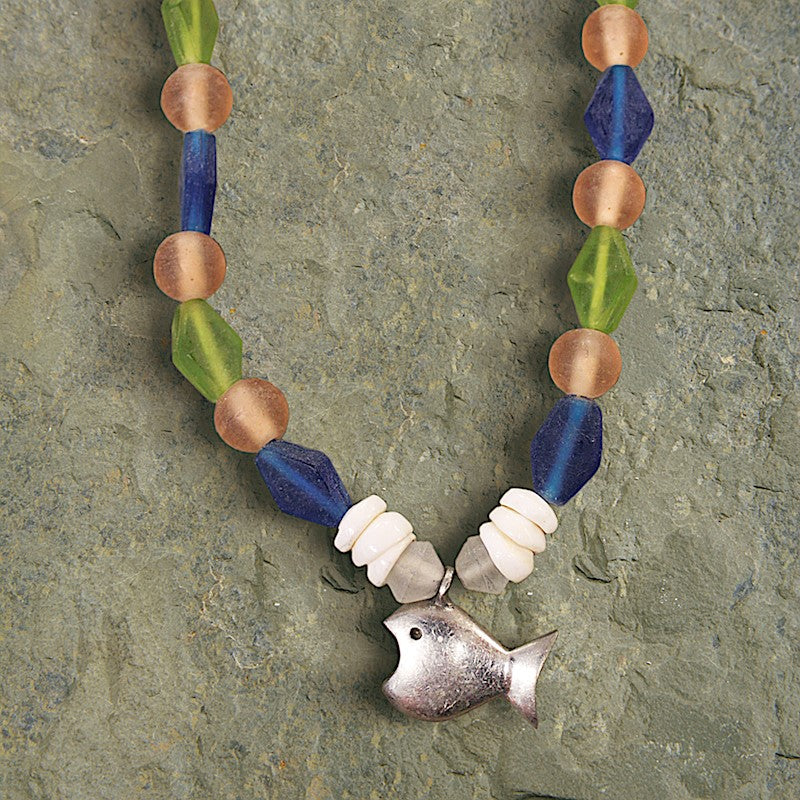 Frost Glass Bead Choker Pukas Pewter Fish