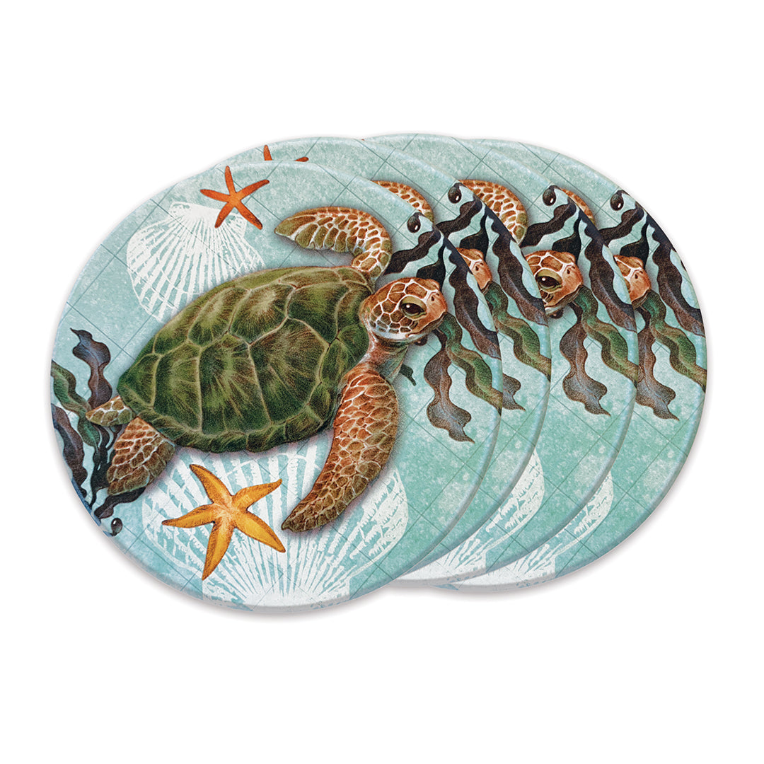 Round Coasters with Bamboo Caddy, Honu Journeys