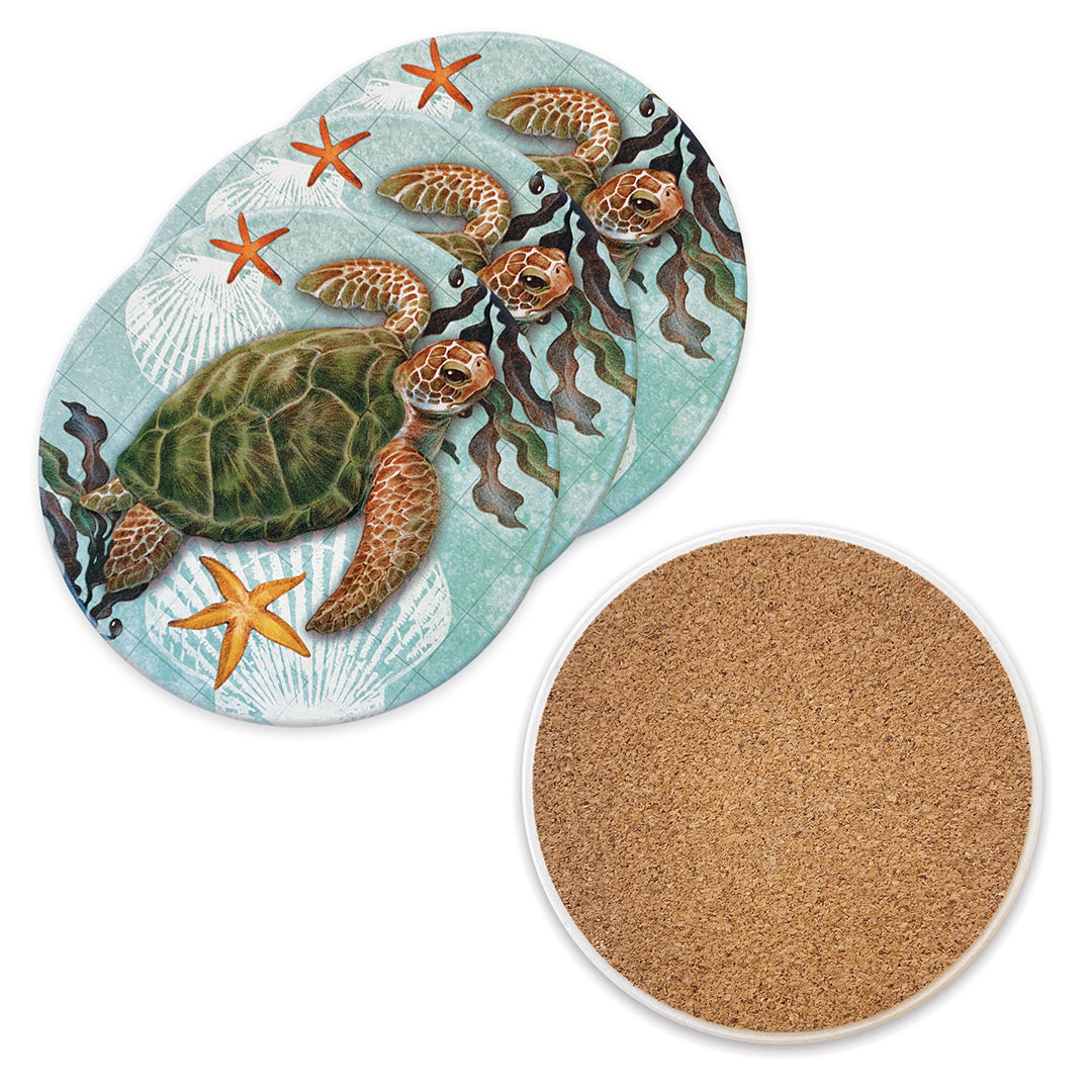 Round Coasters with Bamboo Caddy, Honu Journeys