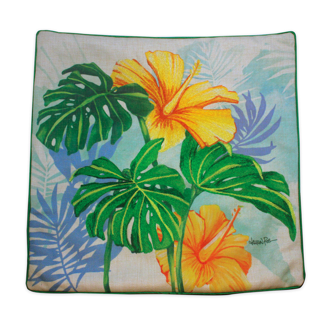 Cotton Linen Pillows, Monstera Hibiscus, 18x18