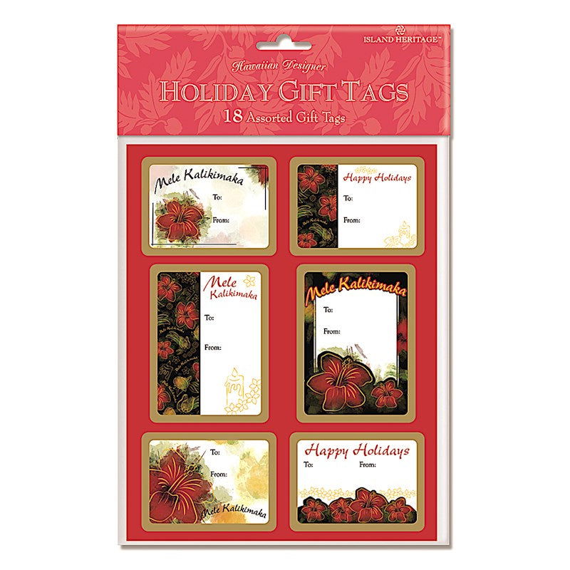 Pack of 18 adhesive gift tags featuring a Hibiscus Kalikimaka design, showcasing festive hibiscus flowers and holiday cheer, perfect for adding a tropical touch to gifts.