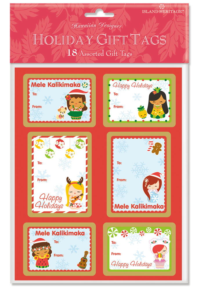 Pack of 18 adhesive gift tags featuring the Holiday Island Yumi design, showcasing colorful tropical and holiday-themed illustrations, perfect for adding a festive touch to gifts.