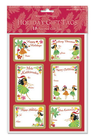 Pack of 18 adhesive gift tags featuring the Island Hula Honeys design, showcasing vibrant illustrations of hula dancers and tropical motifs, perfect for adding a festive touch to gifts.