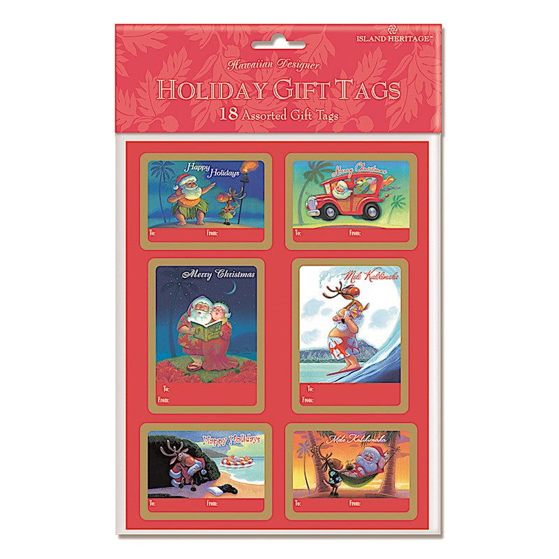 Pack of 18 adhesive gift tags featuring a Santa's Holiday design, showcasing cheerful holiday-themed illustrations of Santa Claus, perfect for adding festive flair to gifts.