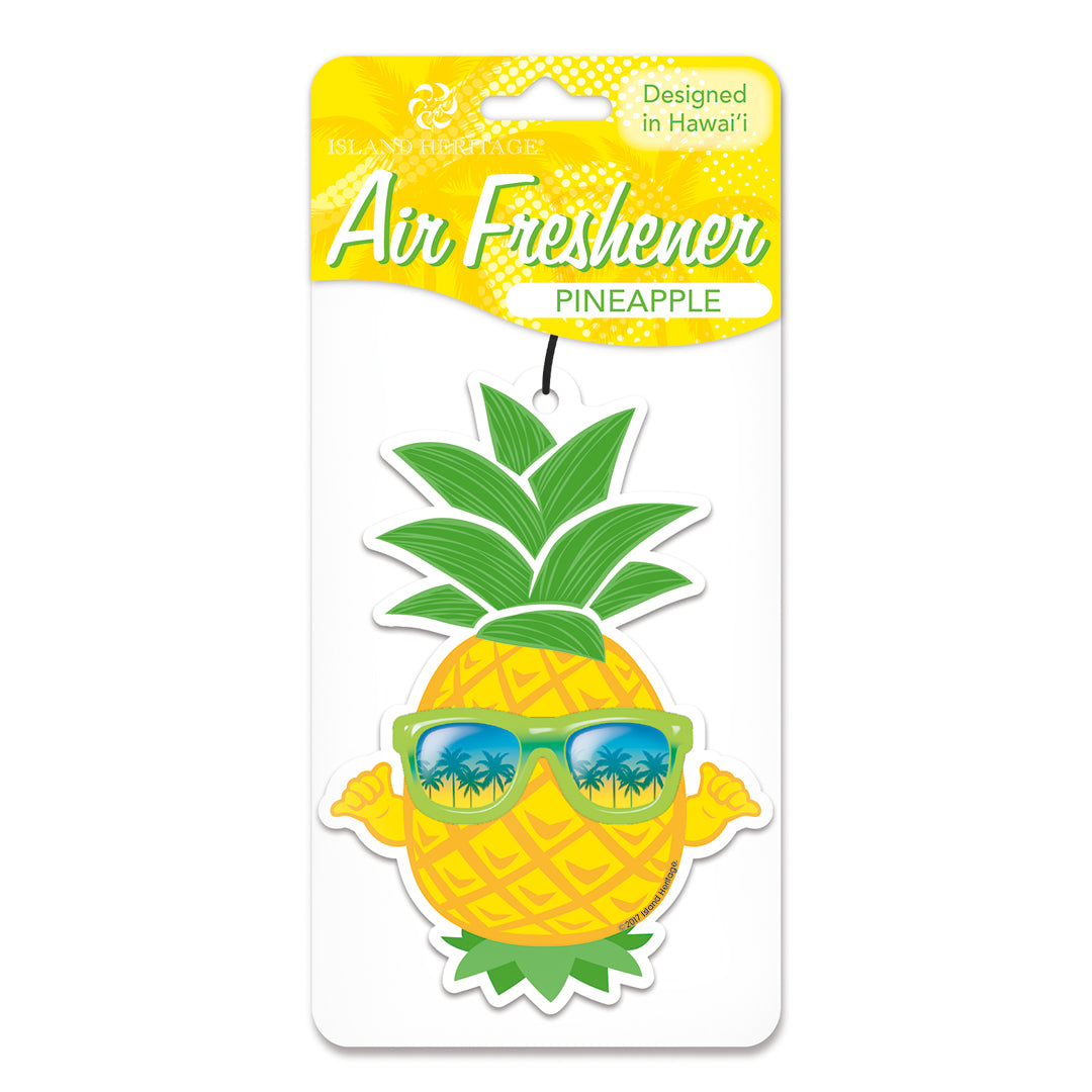 Air freshener sticker with a pineapple and sunglasses design, packaged on a yellow background with a Hawaii theme.