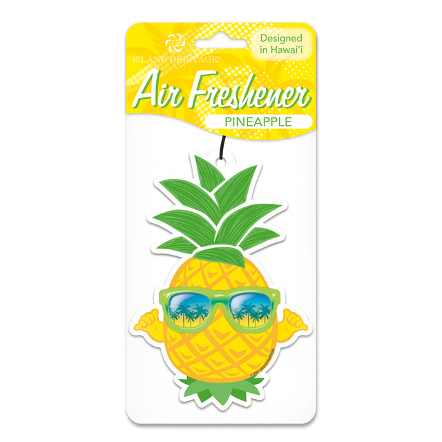 Air freshener sticker with a pineapple and sunglasses design, packaged on a yellow background with a Hawaii theme.