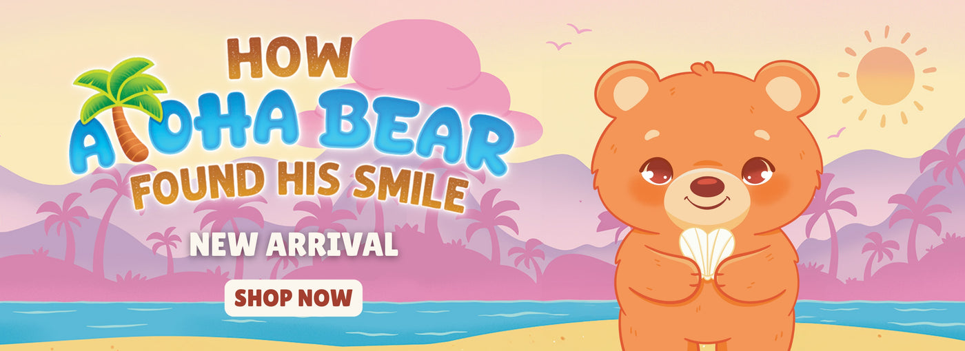 Promotional banner for 'How Aloha Bear Found His Smile' with a bear character on a beach background.