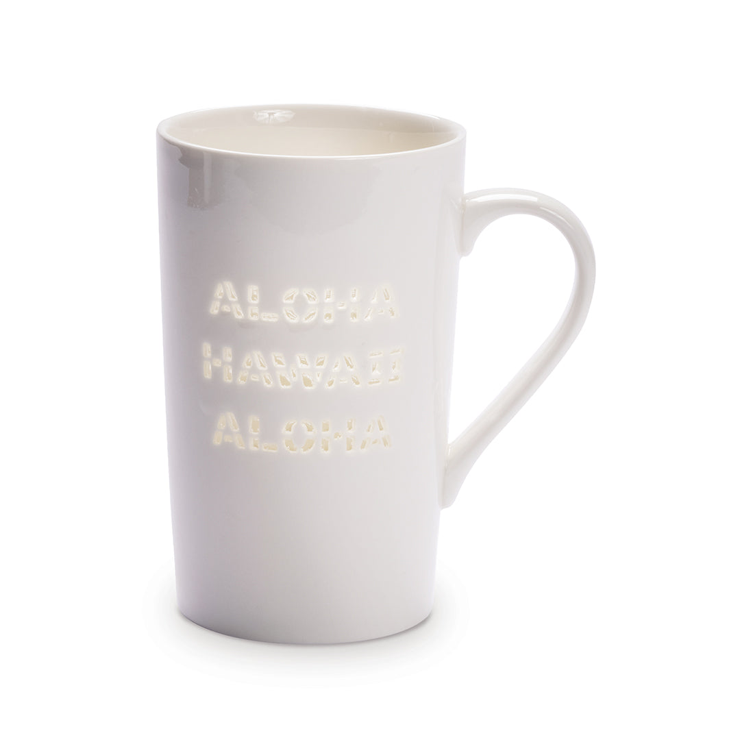 White mug with Aloha Hawaii Aloha on it.
