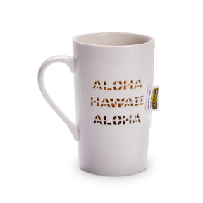 A white ceramic mug with 'ALOHA HAWAII ALOHA' text in a repeating pattern. The mug has a slender handle and is displayed against a neutral background.