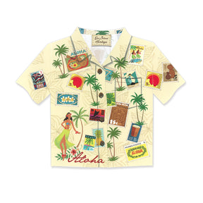 Aloha Shirt Greeting Card, Stamped With Aloha, with vibrant tropical prints.