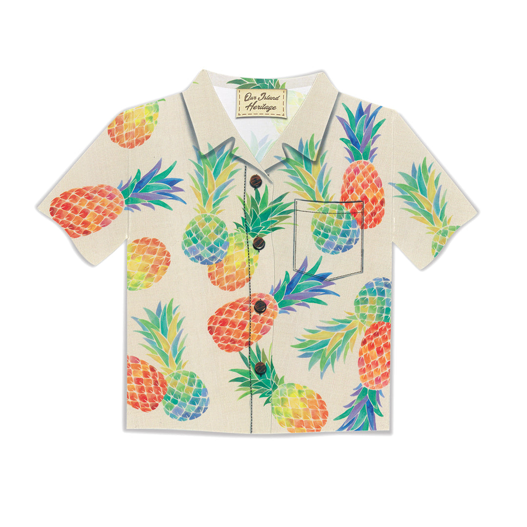 Aloha Shirt Greeting Card, Watercolor Pineapple, with vibrant tropical prints.