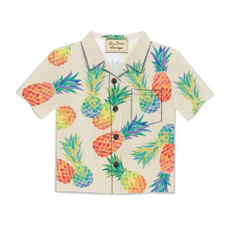 Aloha Shirt Greeting Card, Watercolor Pineapple, with vibrant tropical prints.