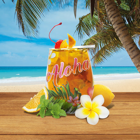 tropical beach scene with filled Aloha glass cup