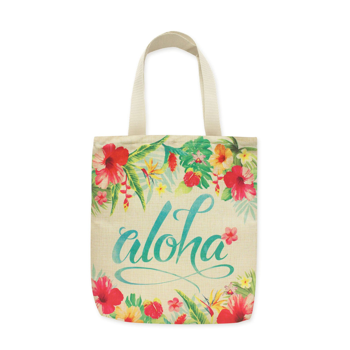 A tote bag with the word aloha and tropical plants and flowers
