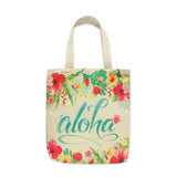 A tote bag with the word aloha and tropical plants and flowers