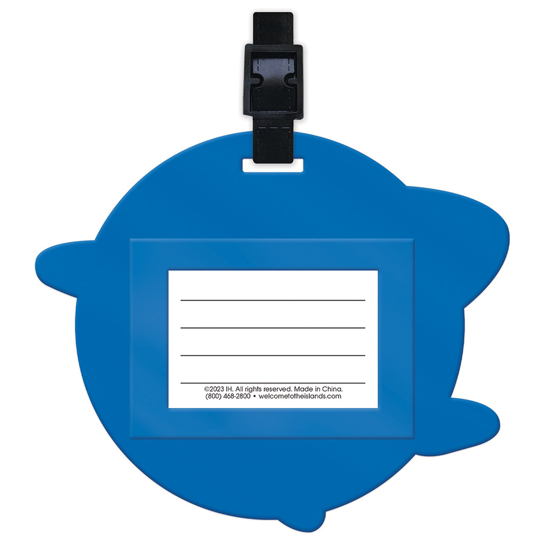 Back of blue luggage tag 