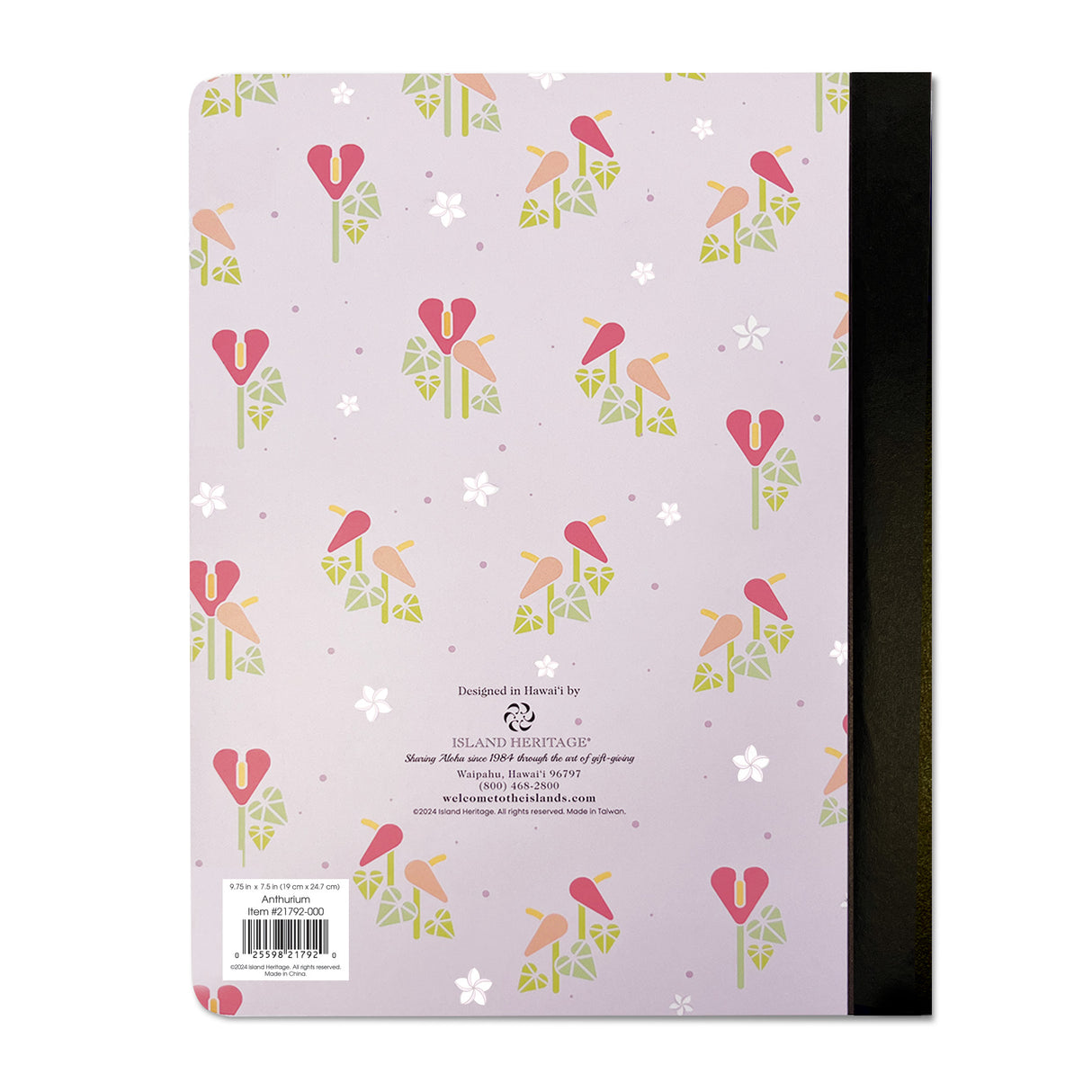 Back of a composition book lavender color with Hawaiian flowers