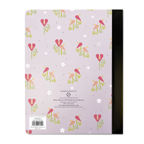 Back of a composition book lavender color with Hawaiian flowers