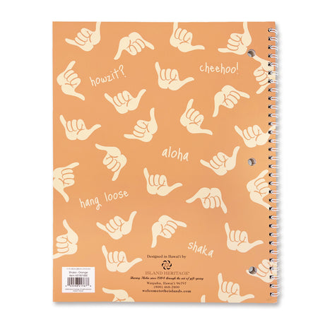 Back of a composition book with orange background and Hawaii words and shakas.