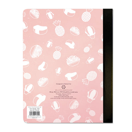 Back of a composition book pink background with white Hawaiian food