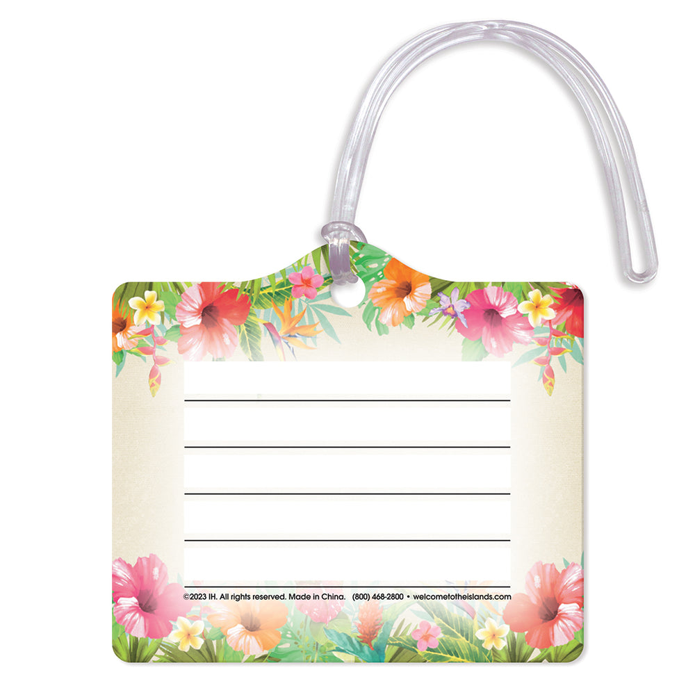 Back of a luggage tag with Hawaii floral theme