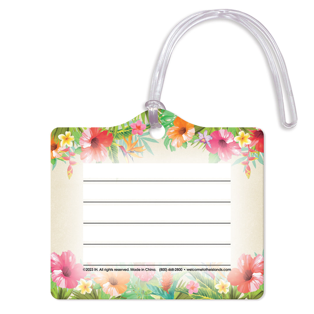 Back of a luggage tag with Hawaii floral theme