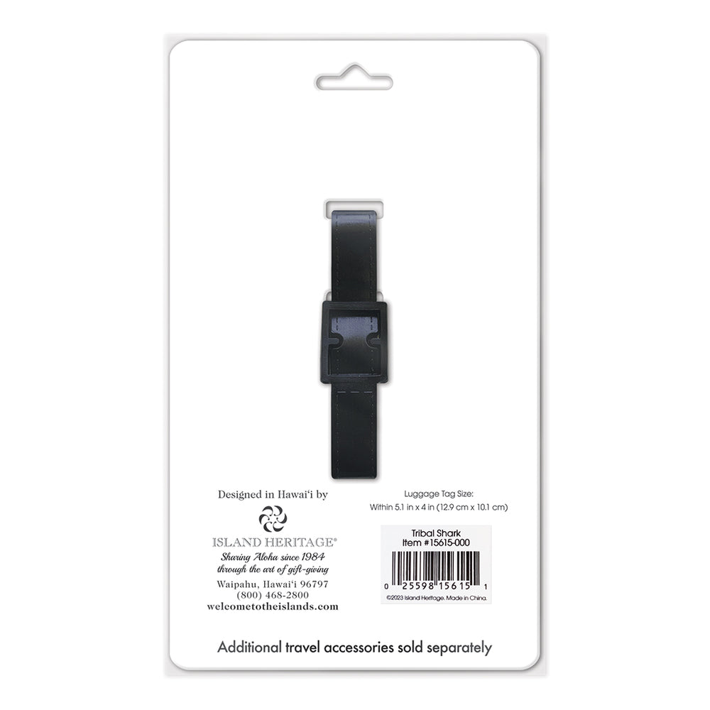 Back of white luggage tag package with black strap