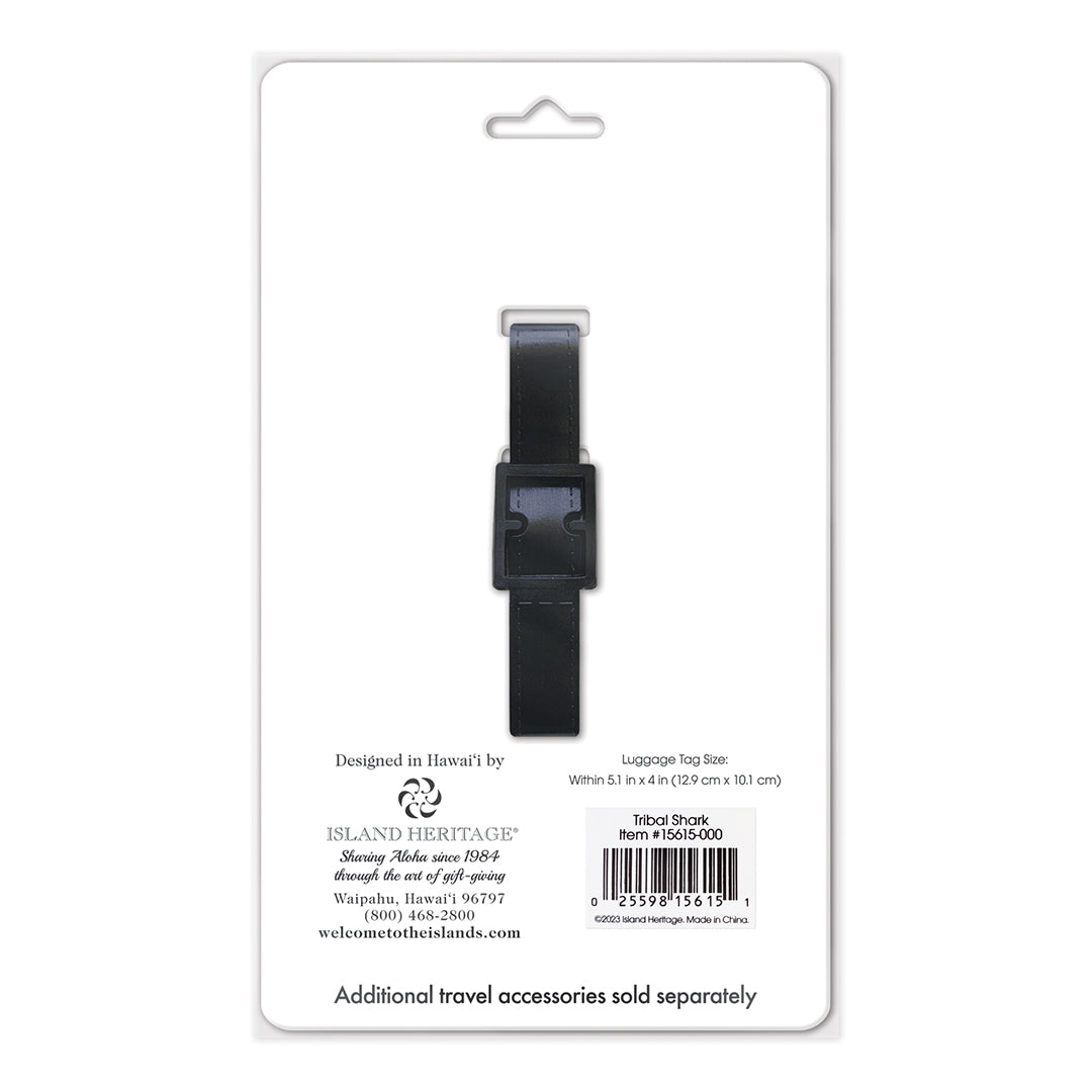 Back of white luggage tag package with black strap