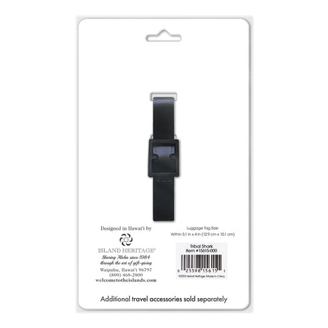 Back of white luggage tag package with black strap