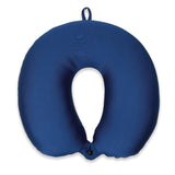 Back of a neck pillow blue with loop on top and button on bottom