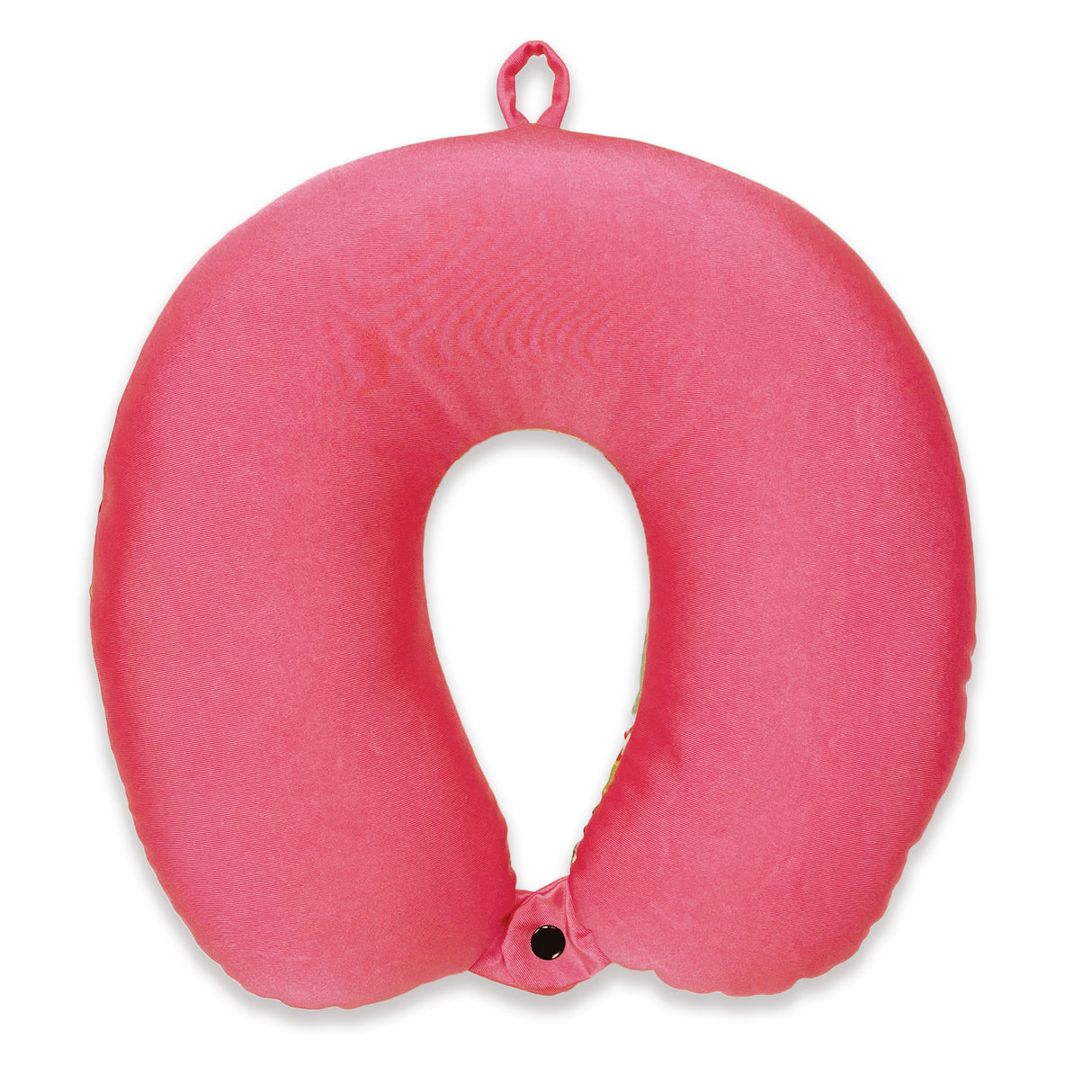 Back of a neck pillow pink with a loop on top and button on bottom
