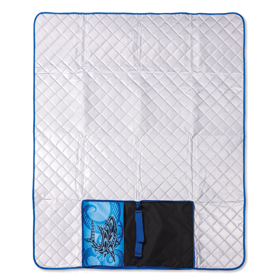 Back of beach mat, gray with blue shark pocket.