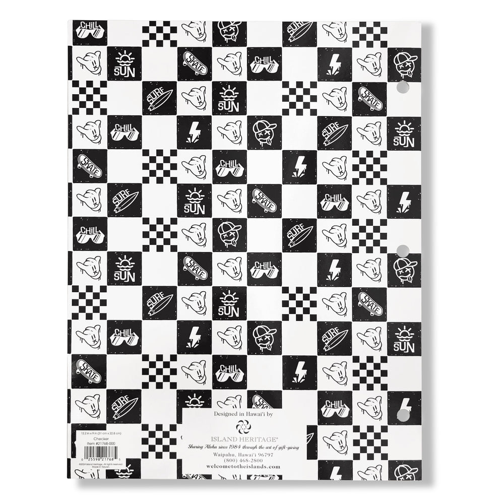 Back of a portfolio folder black and white checkered with surf skate and sun theam