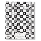 Back of a portfolio folder black and white checkered with surf skate and sun theam