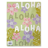 Back of a green portfolio folder with words aloha and flowers