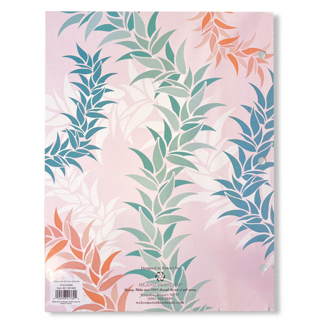Back of a portfolio folder with leaf leis and a pink background