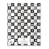 Back of a spiral notebook that is checkered black and white sun surf skate theme 